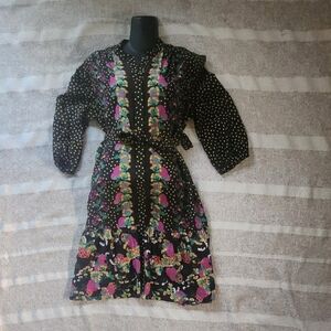 SALONI Black Dress with Yellow Polka Dots and Floral Accents